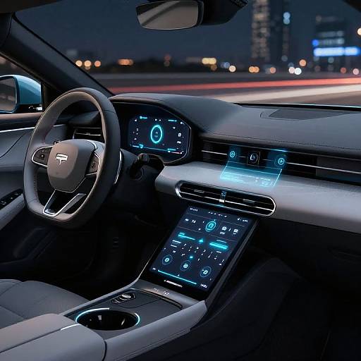 Photograph of a futuristic car interior at night, featuring a glowing dashboard, touchscreen, illuminated controls, and sleek, modern design. City lights in the