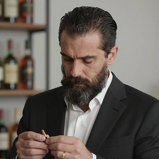 Middle-aged Man in Suit Concentrating on Small Object