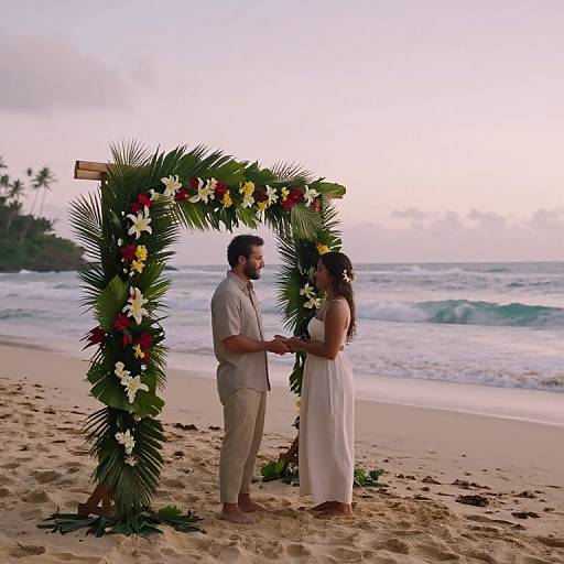 Photograph of a beach wedding: man in beige shirt and pants, woman in white dress, holding hands under a palm-frond arch adorned with flowers