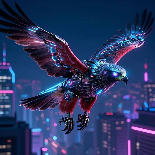 Cybernetic Hawk Soaring Over Neon City