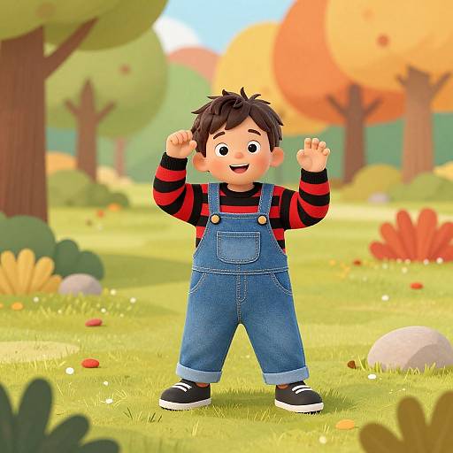 Cartoon boy with black hair, red-black striped shirt, blue overalls, black shoes, standing in colorful autumn forest, smiling, waving.