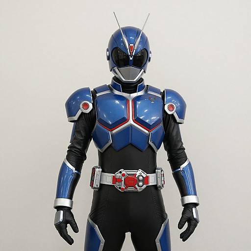 Photograph of a Kamen Rider superhero in a blue and black suit with red accents, silver shoulders, and a white belt, standing against a plain