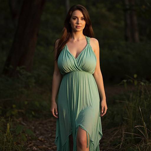 Photograph of a brunette woman with long hair, wearing a green, flowing, V-neck dress with a thigh-high slit, standing in a dimly