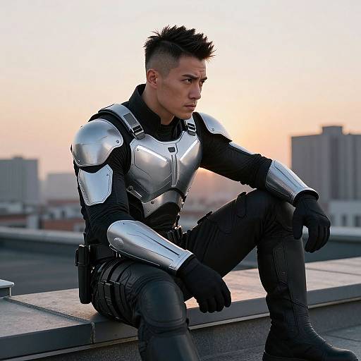 Photograph of a muscular, white male with short, spiked black hair, wearing silver armor and black tactical gear, sitting on rooftop at sunset, city
