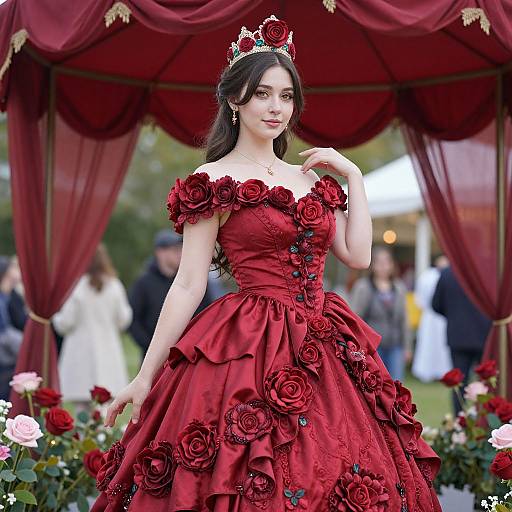 Photograph of a beautiful woman with long dark hair, wearing a red rose-embellished ball gown, tiara, and red curtains background.