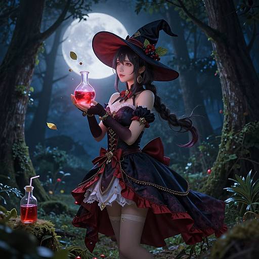 Digital art: Gothic witch in moonlit forest, wearing black and red dress, hat, holding glowing red potion, surrounded by glowing leaves.
