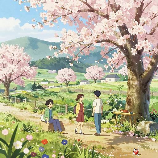 Anime-style digital artwork of three people under cherry blossom trees in a sunny, rural field with colorful flowers and distant mountains.