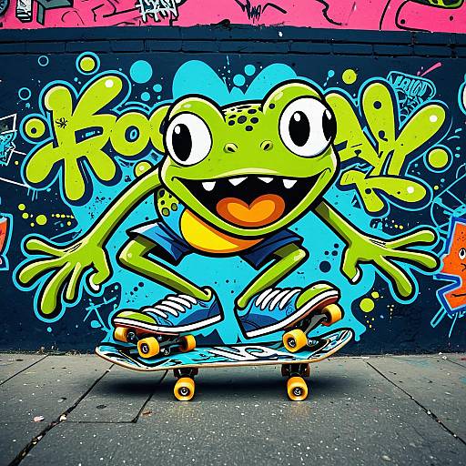 Cartoon Frog Skateboarding Graffiti Art