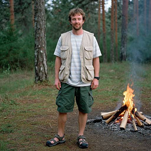 Photograph of a bearded man with short brown hair, wearing a beige vest, green cargo shorts, and sandals, standing by a campfire in
