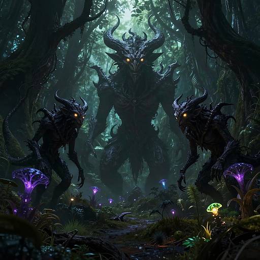 Dark forest illustration: Three menacing, horned, shadowy demons with glowing eyes stand amid glowing mushrooms and luminescent plants, under a misty