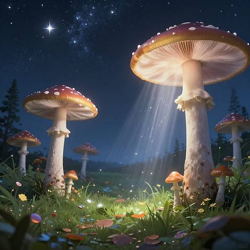 Magical night scene of glowing mushrooms under a starry sky, illuminated by moonlight and surrounded by lush greenery and tiny fireflies.