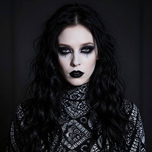 Gothic-style photograph of a pale woman with long, wavy black hair, heavy black eyeliner, and dark lipstick, wearing a black lace