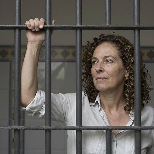 Calm Prisoner Behind Bars in Light Shirt