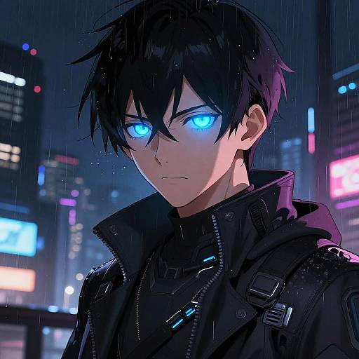 Anime-style digital artwork of a young man with black hair and glowing blue eyes, wearing a black jacket, standing in a rainy, neon-lit city