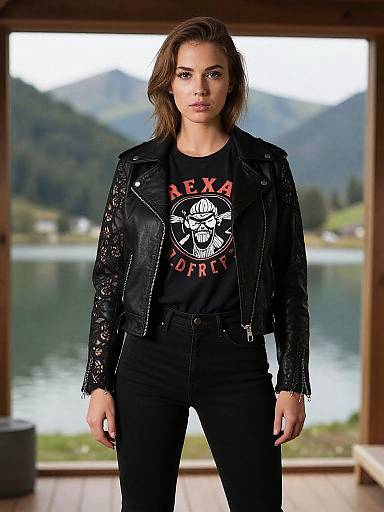 Photograph of a woman with shoulder-length brown hair, wearing a black leather jacket, 