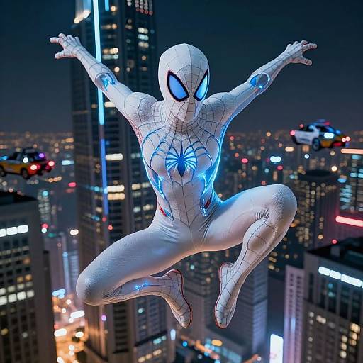 CGI image of Spider-Man in white, web-patterned suit, with blue spider emblem, leaping mid-air against a vibrant, neon-lit