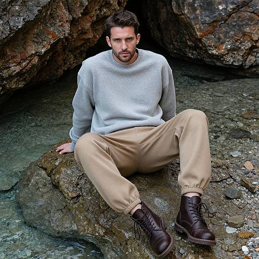 Photograph of a bearded man with dark hair, wearing a gray sweater, beige pants, and brown boots, sitting on a rocky shore with clear