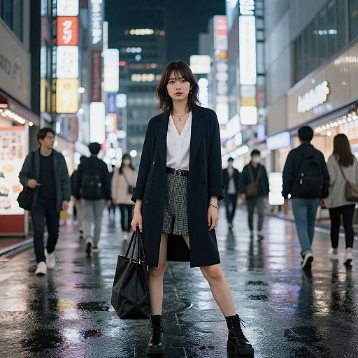 Photograph of a young Asian woman in a black coat, white blouse, checkered skirt, and boots, standing confidently on a rainy, brightly lit