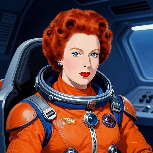 Digital illustration of a red-haired woman in a bright orange astronaut suit with blue accents, sitting in a futuristic spaceship cockpit.