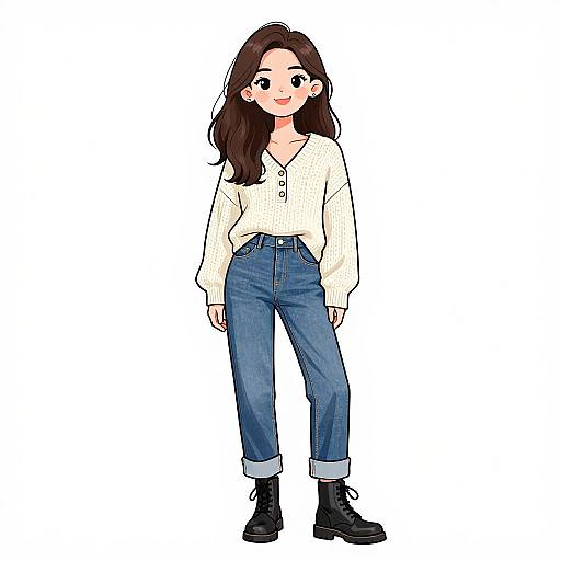 Digital illustration of a cute, young woman with long brown hair, wearing a white button-up shirt, blue cuffed jeans, and black boots, standing