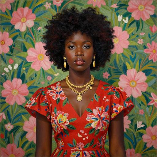 Photograph of a dark-skinned Black woman with a natural afro, wearing a red floral dress, gold jewelry, and standing against a vibrant floral