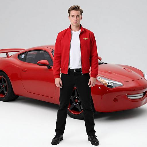 Photograph of a confident, fair-skinned man with short brown hair, wearing a red jacket, white shirt, and black pants, standing in front