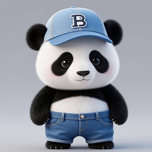 Cute CGI panda with black and white fur, wearing a blue baseball cap with a 