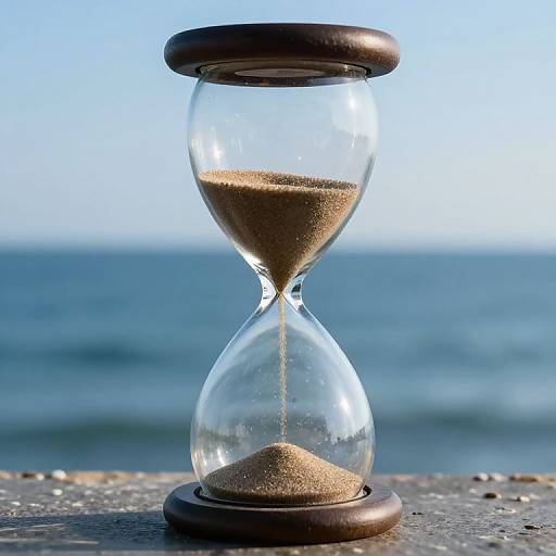 Photograph of a clear glass hourglass with brown sand, set against a blurred ocean and sky background, standing on a textured stone surface.