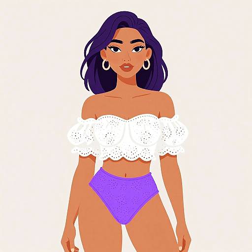 Digital illustration of a curvy woman with dark purple hair, wearing a white off-shoulder crop top and purple high-waisted bikini bottoms,