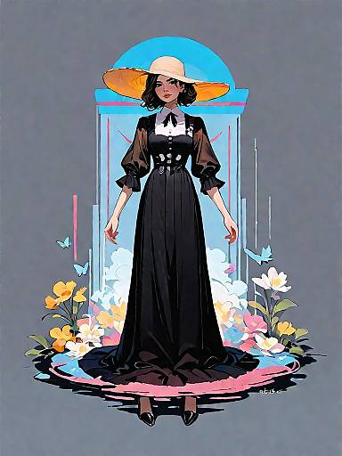 Elegant Woman in Black Dress and Wide-Brimmed Hat