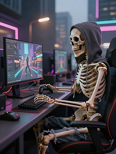 Skeleton Gaming in Cyberpunk Cityscape