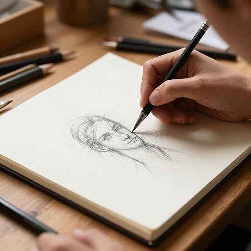 Photograph of a hand sketching a detailed, monochrome portrait of a face on a white sheet of paper with black pens scattered on a wooden desk