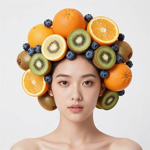 Vibrant Woman with Fruit Hairstyle