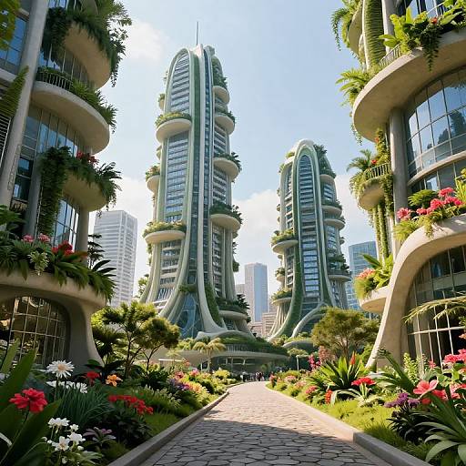 Photorealistic CGI of a futuristic cityscape with two towering, green, organic-shaped skyscrapers surrounded by lush, colorful flower-filled gardens and curved