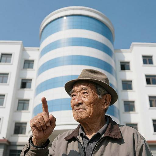 Elderly Man Pointing with Unique Architecture
