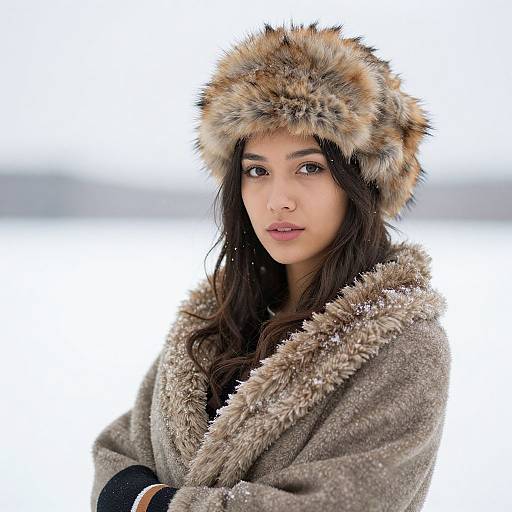 Photograph of a young Asian woman with long black hair, wearing a grey fur-trimmed coat and a fur hat, standing in a snowy landscape