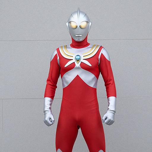 Photograph of a person in a silver, helmeted, superhero costume with red and white bodysuit, gold accents, and yellow-tinted