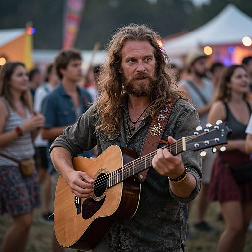Photograph of a long-haired, bearded man with a gray shirt, playing an acoustic guitar at a lively outdoor festival, surrounded by blurred festival-go