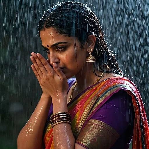 Photograph of a wet, Indian woman with dark hair, wearing a colorful sari, gold jewelry, and closed hands in prayer, under falling rain