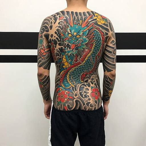Photograph of a man's back showcasing vibrant, detailed traditional Japanese dragon tattoo in red, blue, and yellow on a black and gray sleeveless shirt
