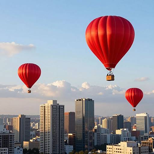 Photograph of three red hot air balloons soaring above a city skyline with tall modern buildings under a clear blue sky.