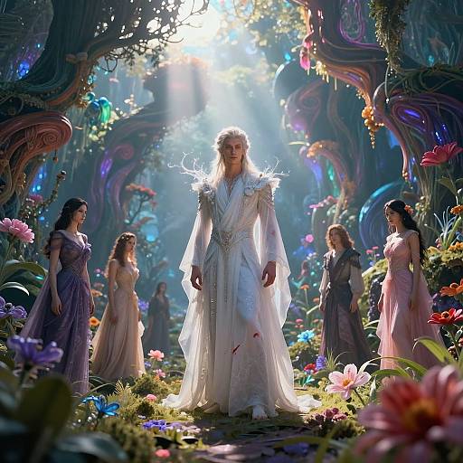 Fantasy forest scene: illuminated by sunlight, a white-robed, angelic figure stands center, surrounded by five women in flowing dresses, vibrant flowers