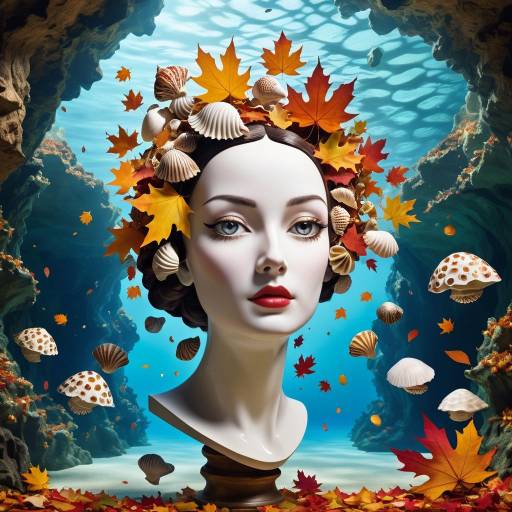 Surreal Underwater Cave with Autumn Leaves