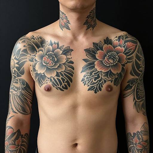 Photograph of a shirtless man with detailed black, gray, and pink floral tattoos covering his chest, shoulders, and arms against a black background.