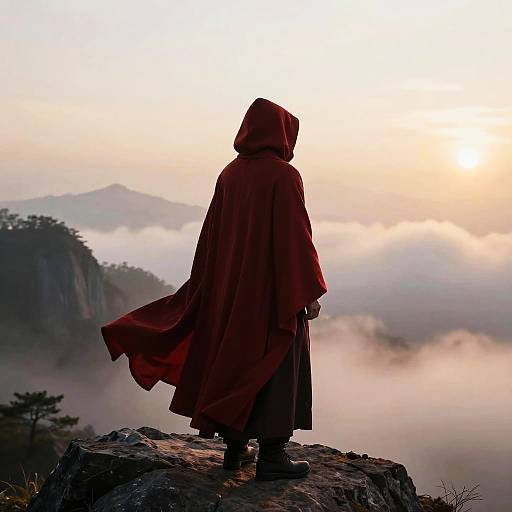 Mysterious Hooded Figure on Foggy Peak