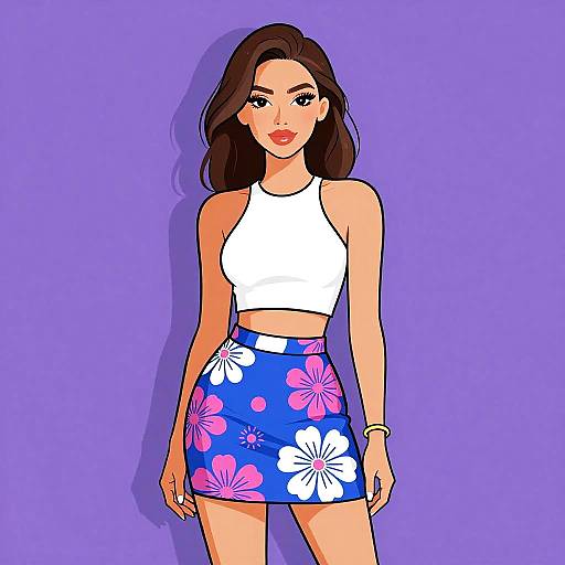 Digital illustration of a woman with long brown hair, wearing a white crop top and blue floral skirt, standing against a purple background.