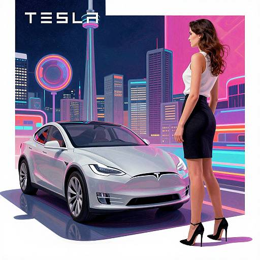 Digital art of a woman in a white blouse and black skirt standing beside a Tesla sports car against a neon cityscape.