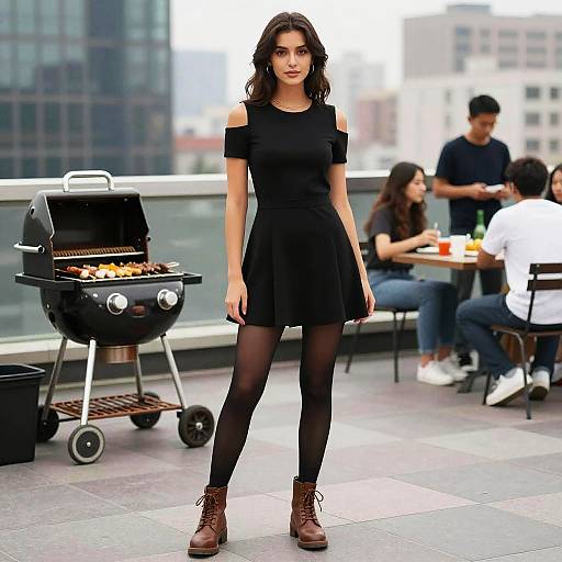 Woman in Black Skater Dress at Rooftop BBQ