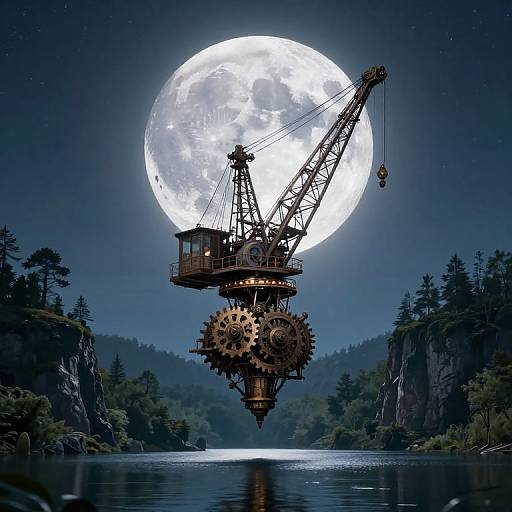 Steampunk Crane Under Moonlit Sky