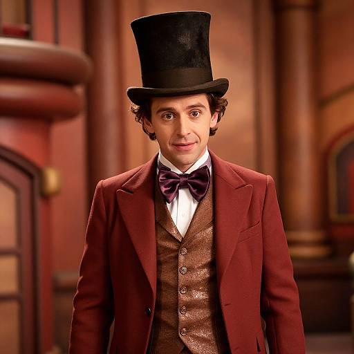 Photograph of a young man with fair skin, dark curly hair, wearing a black top hat, maroon coat, brown vest, white shirt,